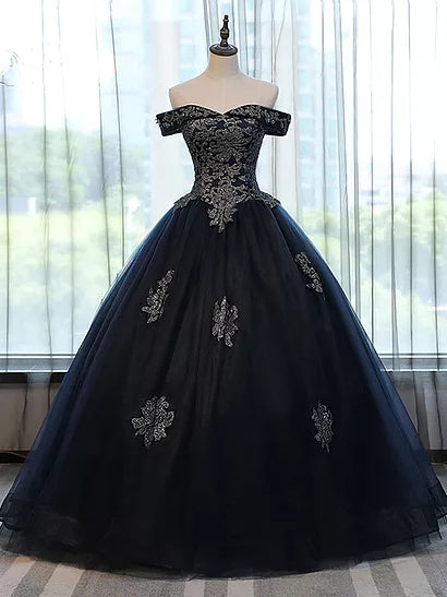 Dressime Ball Gown Off The Shoulder Tulle Long Princess Dress Appliques&Beads dressime