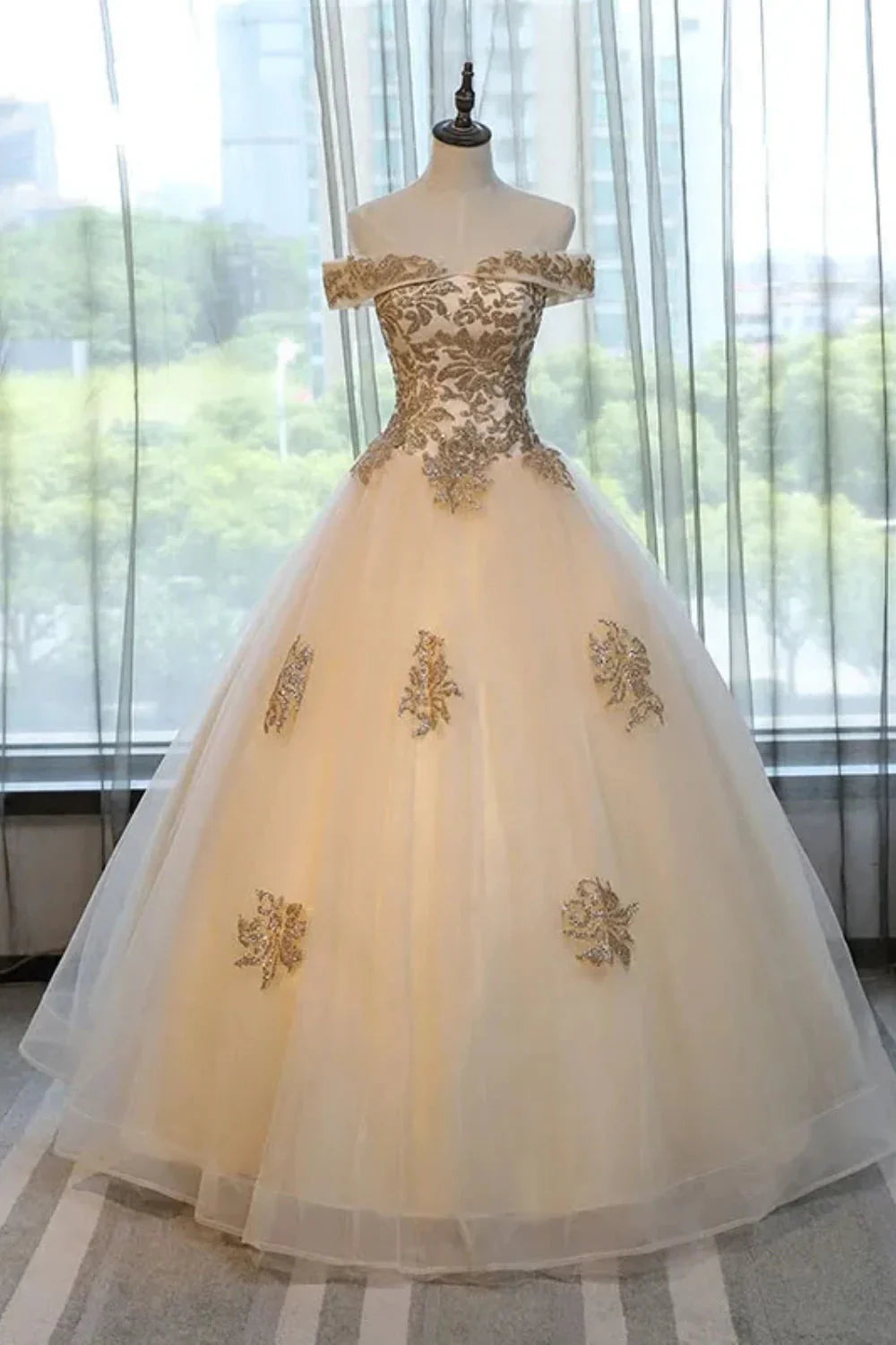 Dressime Ball Gown Off The Shoulder Tulle Long Princess Dress Appliques&Beads dressime