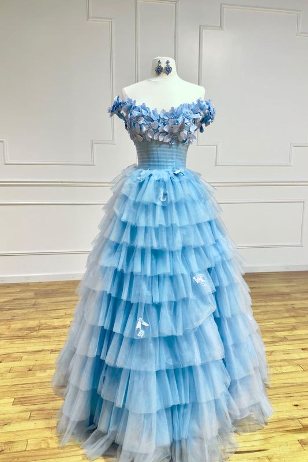 Dressime Ball Gown Off The Shoulder Tulle Slit Tiered Long Prom Dress With Applique dressime