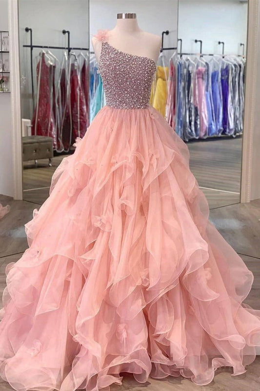 Dressime Ball Gown One Shoulder Organza Beads Pearls Long Princess Dress dressime