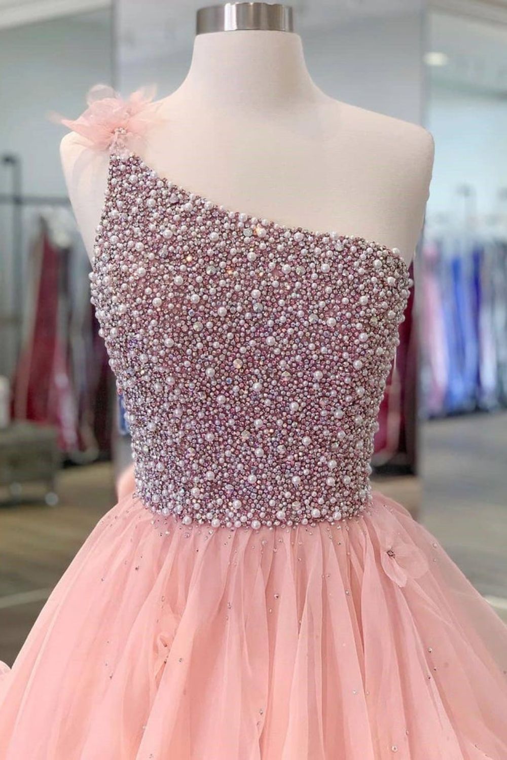 Dressime Ball Gown One Shoulder Organza Beads Pearls Long Princess Dress dressime