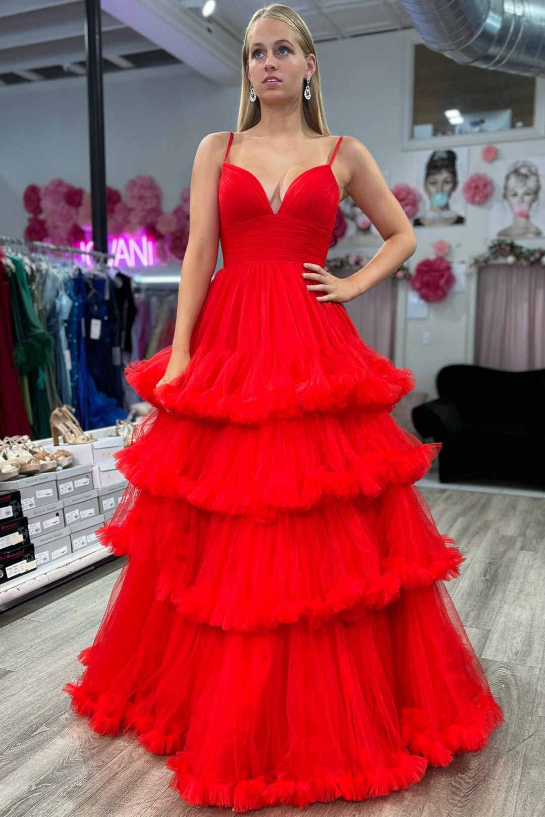 dressimeBall Gown Spaghetti Straps Corset Tiered Tulle Long Prom Dress 