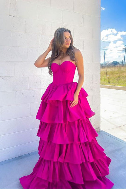 Dressime Ball Gown Strapless Tiered Long Prom Dress With Slit dressime