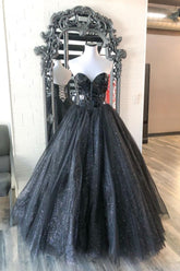 Dressime Ball Gown Strapless Tulle Long Prom Dress With Glass Mirror dressime