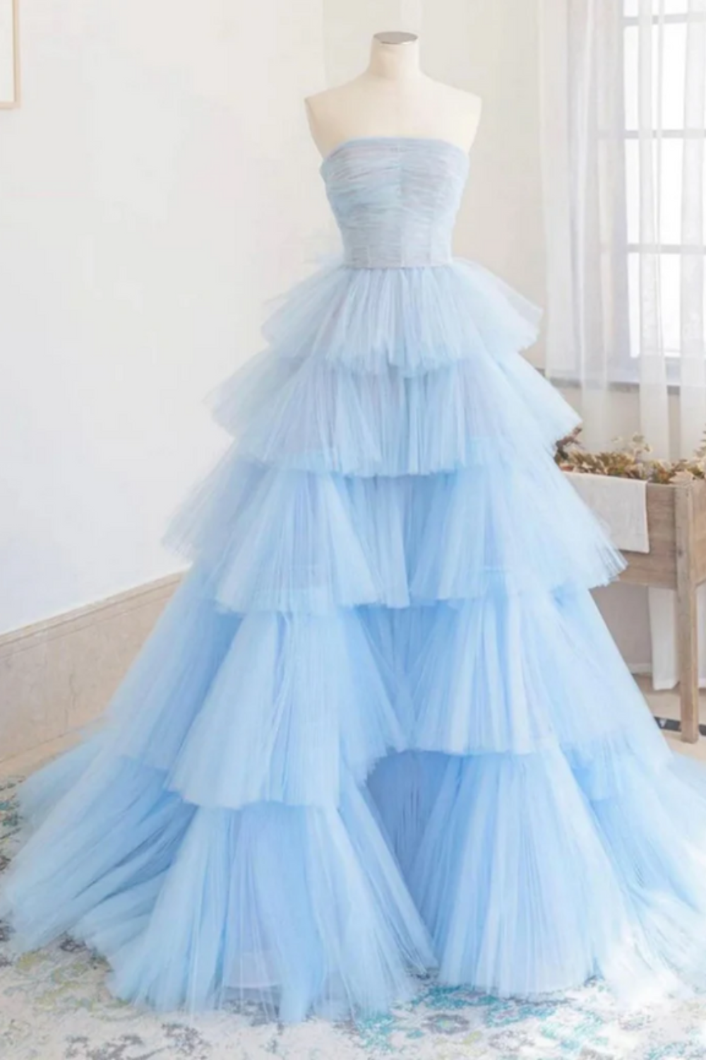 Dressime Ball Gown Strapless Tulle Tiered Pleats Long Princess Dresses dressime