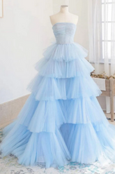 Dressime Ball Gown Strapless Tulle Tiered Pleats Long Princess Dresses dressime