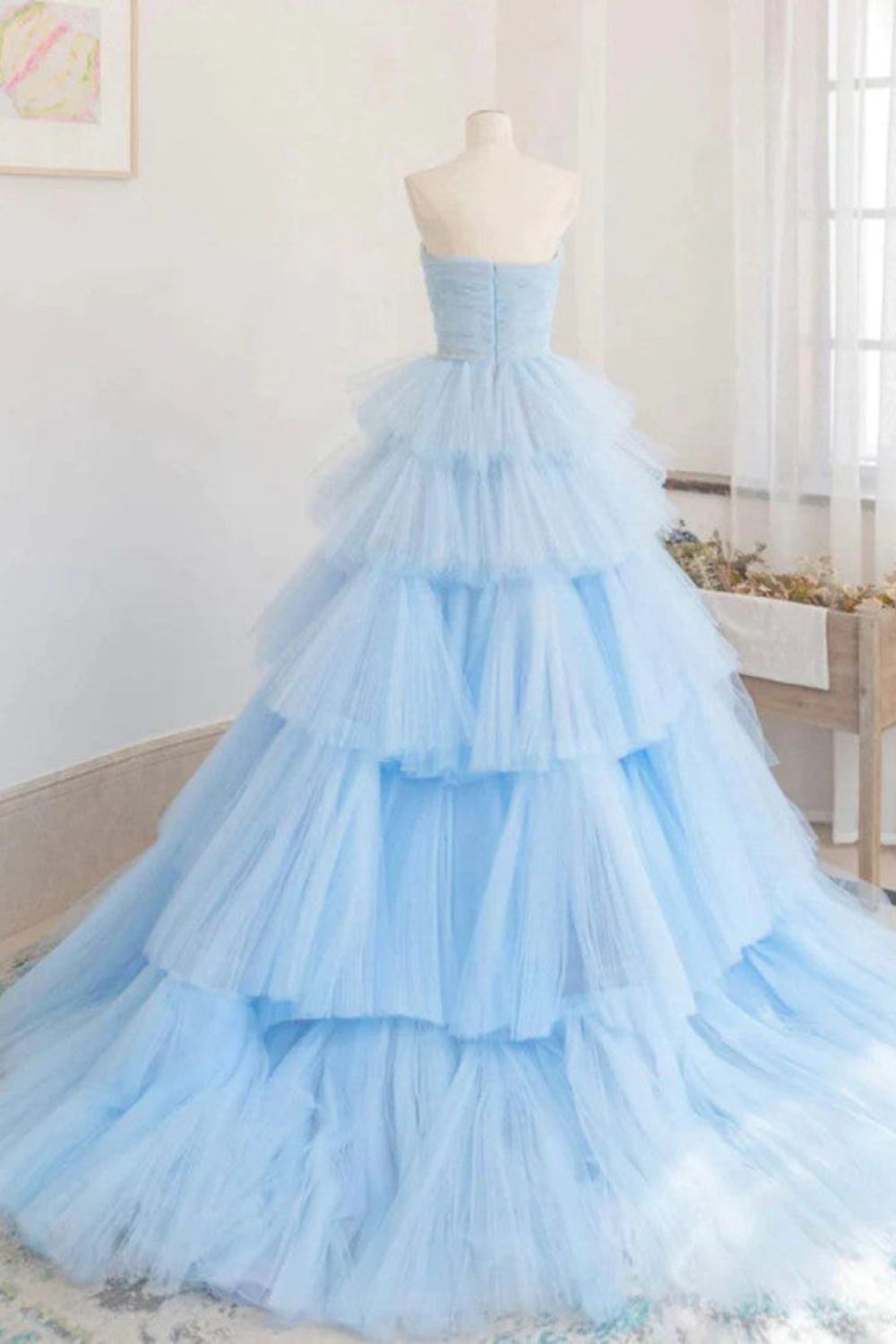 Dressime Ball Gown Strapless Tulle Tiered Pleats Long Princess Dresses dressime