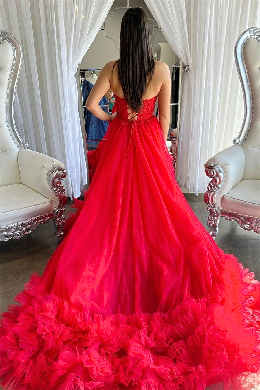 Dressime Ball Gown Sweetheart Ruffled Tulle Long Prom Dress dressime