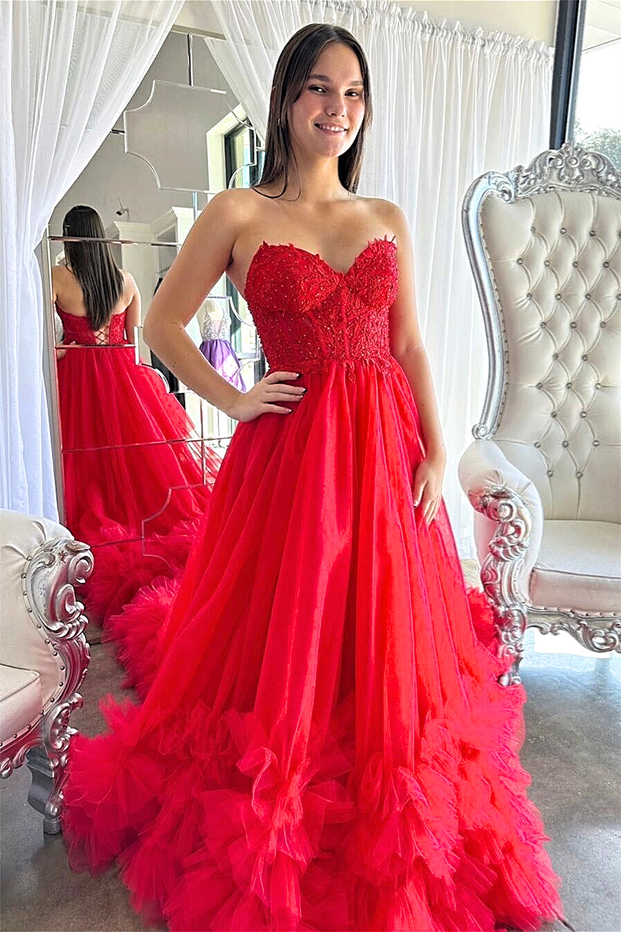 Dressime Ball Gown Sweetheart Ruffled Tulle Long Prom Dress dressime