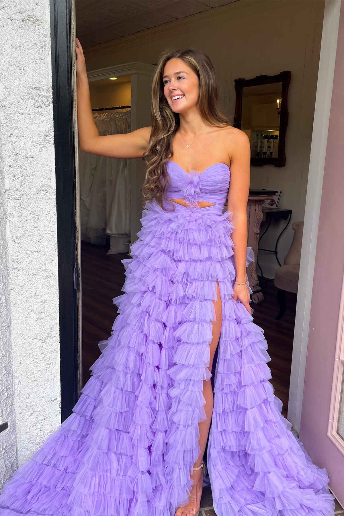 Dressime Ball Gown Sweetheart Tiered Printed Tulle Long Prom Dress dressime