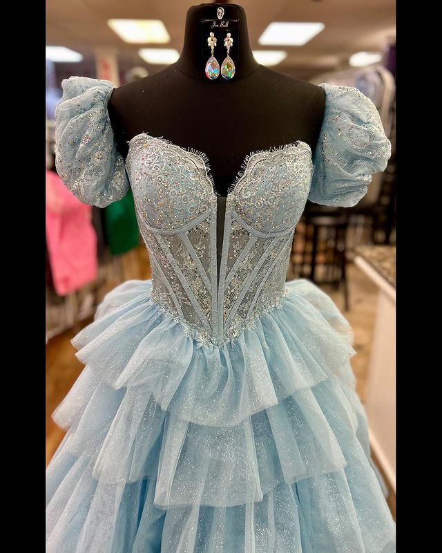 Dressime Ball Gown Sweetheart Tulle Tiered Ruffled Prom Dress With Embroidery dressime