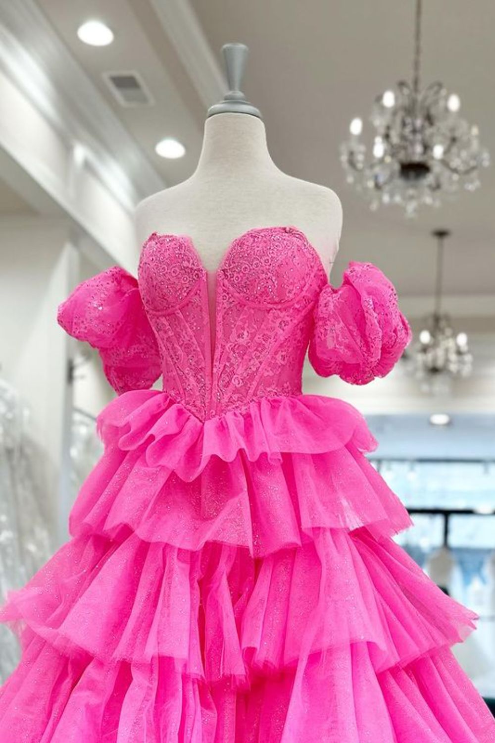 Dressime Ball Gown Sweetheart Tulle Tiered Ruffled Prom Dress With Embroidery dressime