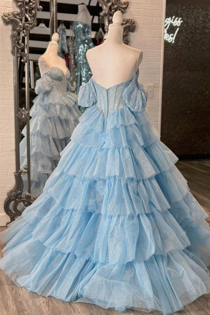 Dressime Ball Gown Sweetheart Tulle Tiered Ruffled Prom Dress With Embroidery dressime