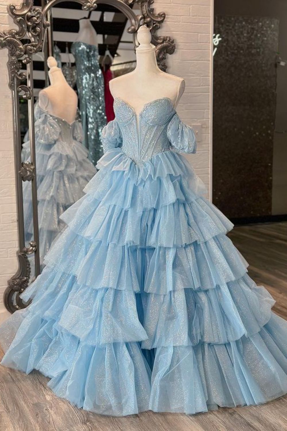 Dressime Ball Gown Sweetheart Tulle Tiered Ruffled Prom Dress With Embroidery dressime