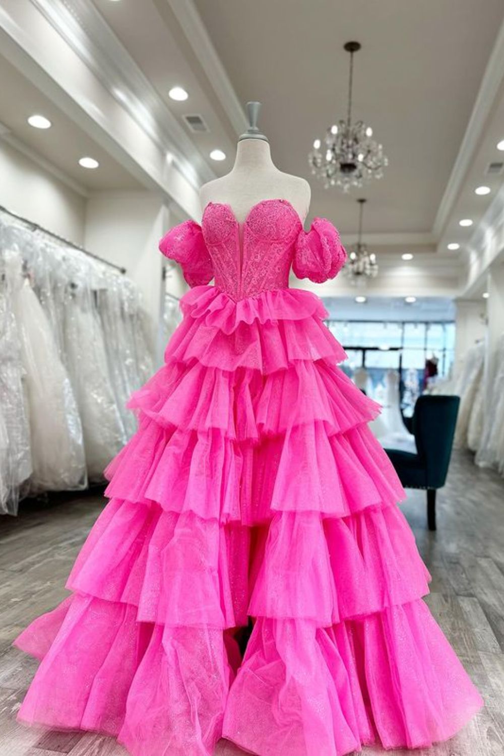 Dressime Ball Gown Sweetheart Tulle Tiered Ruffled Prom Dress With Embroidery dressime