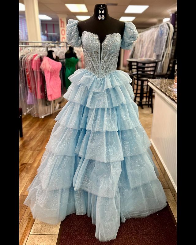 Dressime Ball Gown Sweetheart Tulle Tiered Ruffled Prom Dress With Embroidery dressime