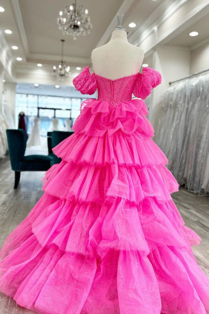 Dressime Ball Gown Sweetheart Tulle Tiered Ruffled Prom Dress With Embroidery dressime