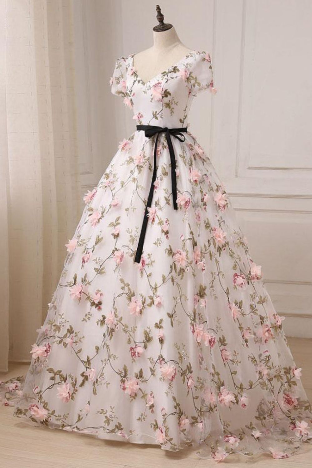 Dressime Ball Gown V Neck Tulle Long Princess Dress With 3D Flowers dressime