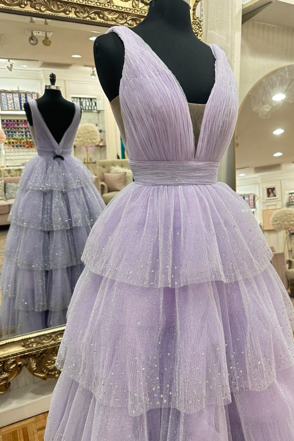 Dressime Ball Gown V Neck Tulle Tiered Prom Dress With Slit dressime