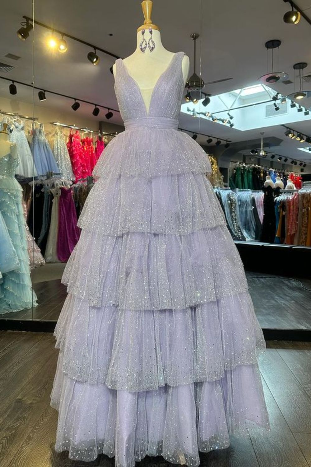 Dressime Ball Gown V Neck Tulle Tiered Prom Dress With Slit dressime