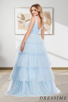 Dressime Ball Gown V Neck Tulle Tiered Prom Dress With Slit dressime