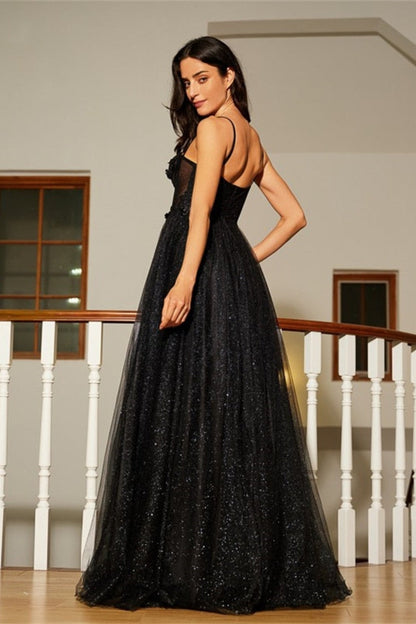 dressimeBlack A Line Sweetheart Lace Aqppliques Tulle Prom Dresses Slit 