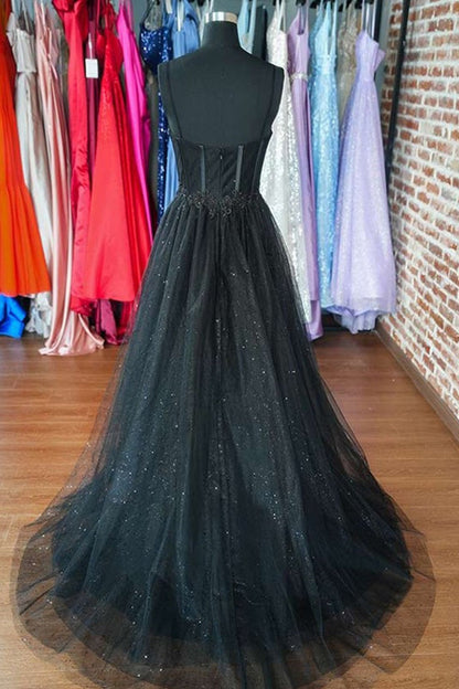 dressimeBlack A Line Sweetheart Lace Aqppliques Tulle Prom Dresses Slit 