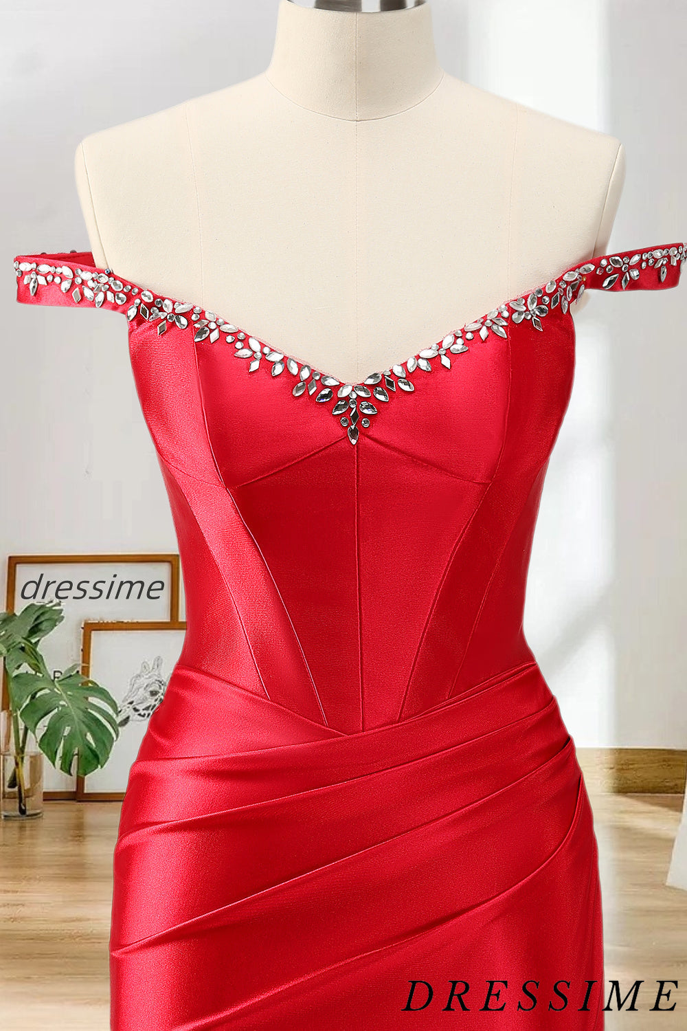 Dressime Bodycon Off The Shoulder Satin Short/Mini Homecoming Dress With Rhinestones dressime