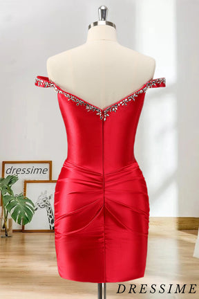 Dressime Bodycon Off The Shoulder Satin Short/Mini Homecoming Dress With Rhinestones dressime