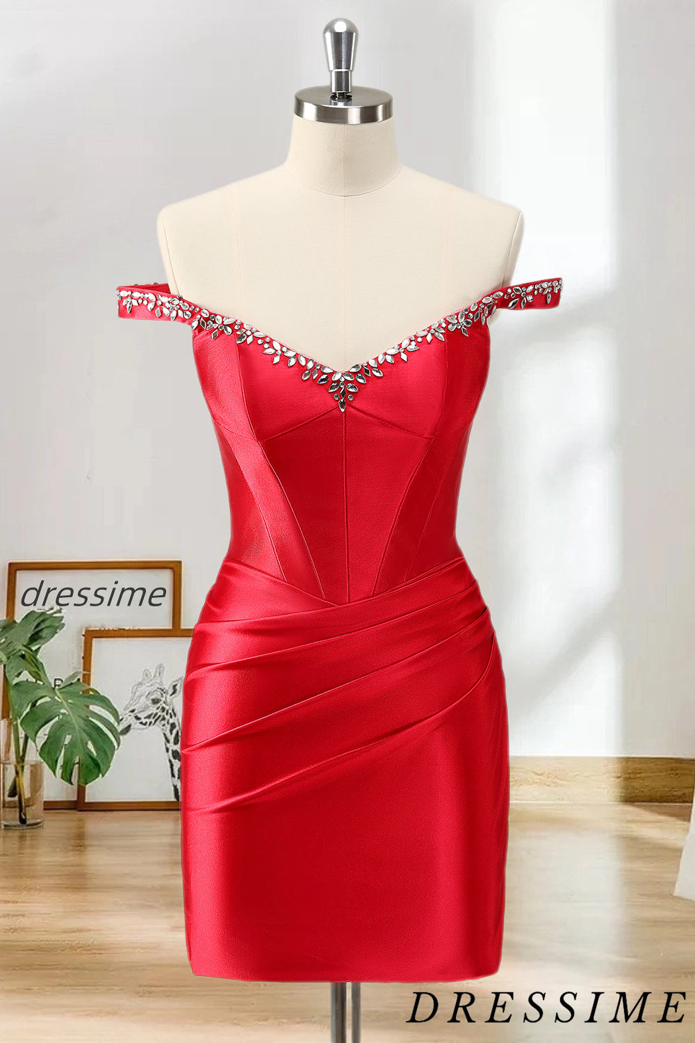 Dressime Bodycon Off The Shoulder Satin Short/Mini Homecoming Dress With Rhinestones dressime