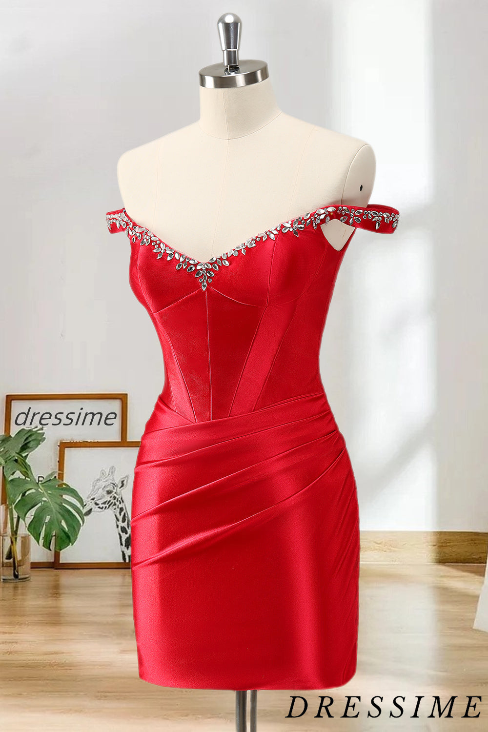 Dressime Bodycon Off The Shoulder Satin Short/Mini Homecoming Dress With Rhinestones dressime