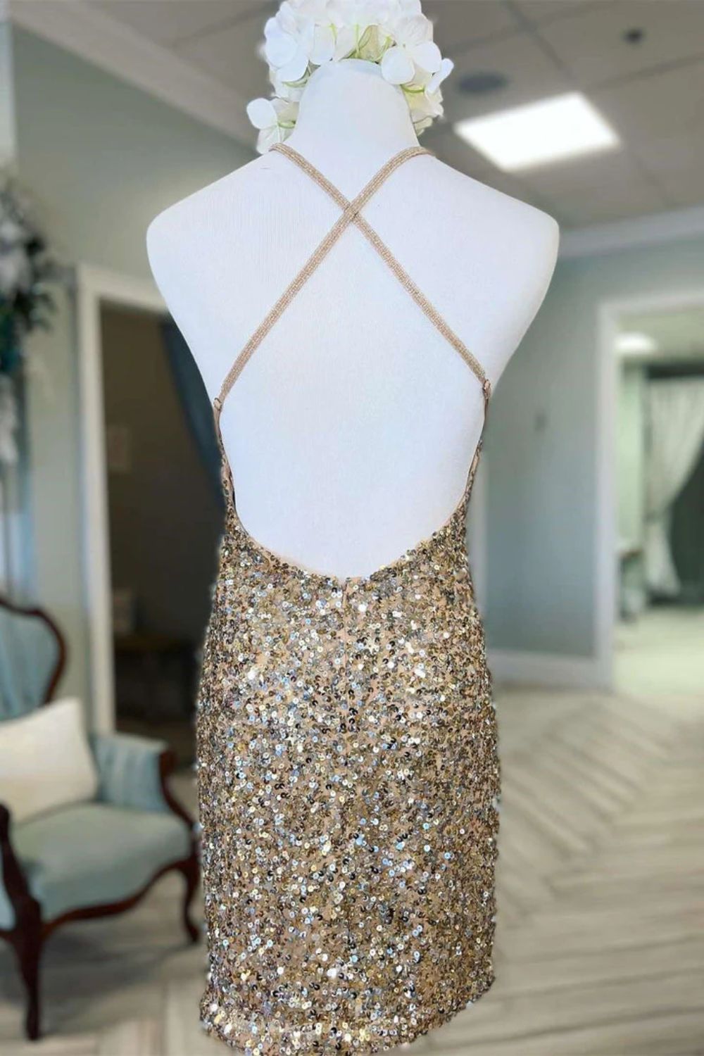 Dressime Bodycon Sequin V Neck Cross-Back Short Homecoming Dress dressime