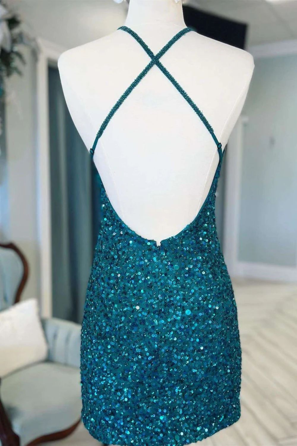 Dressime Bodycon Sequin V Neck Cross-Back Short Homecoming Dress dressime