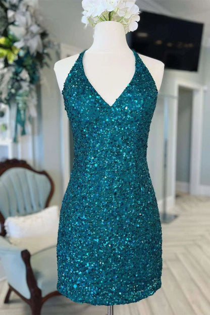 Dressime Bodycon Sequin V Neck Cross-Back Short Homecoming Dress dressime