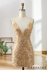 Dressime Bodycon Spaghetti Strap V Neck Sequin Short/Mini Homecoming Dress dressime