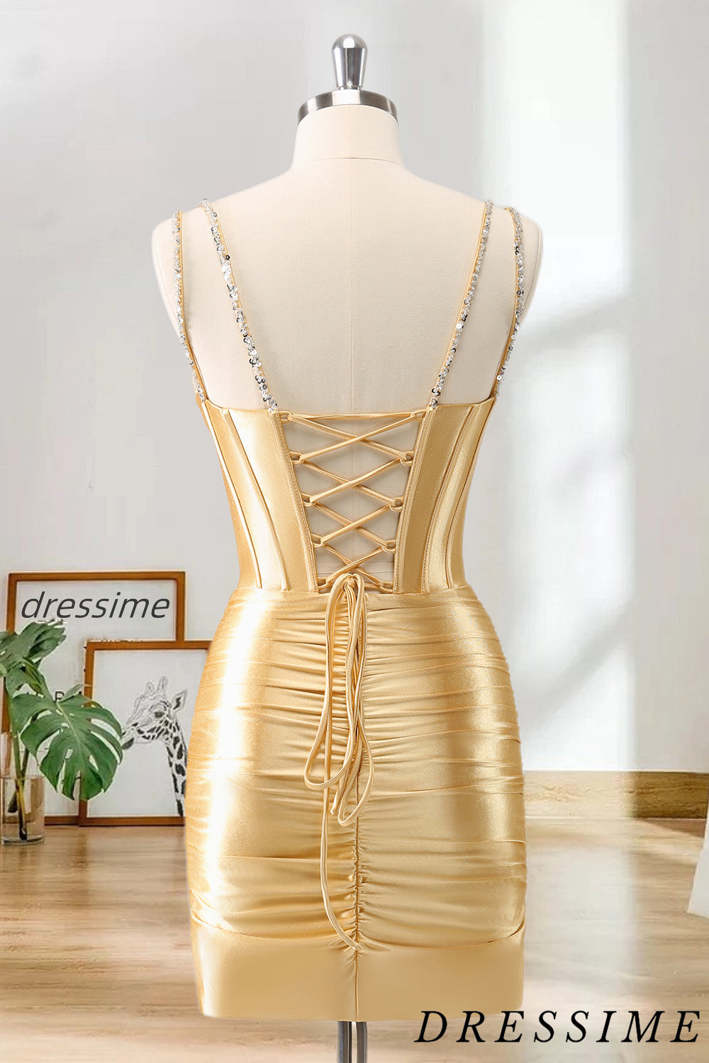 Dressime Bodycon Spaghetti Straps Metallic Satin Short/Mini Homecoming Dress With Beaded dressime