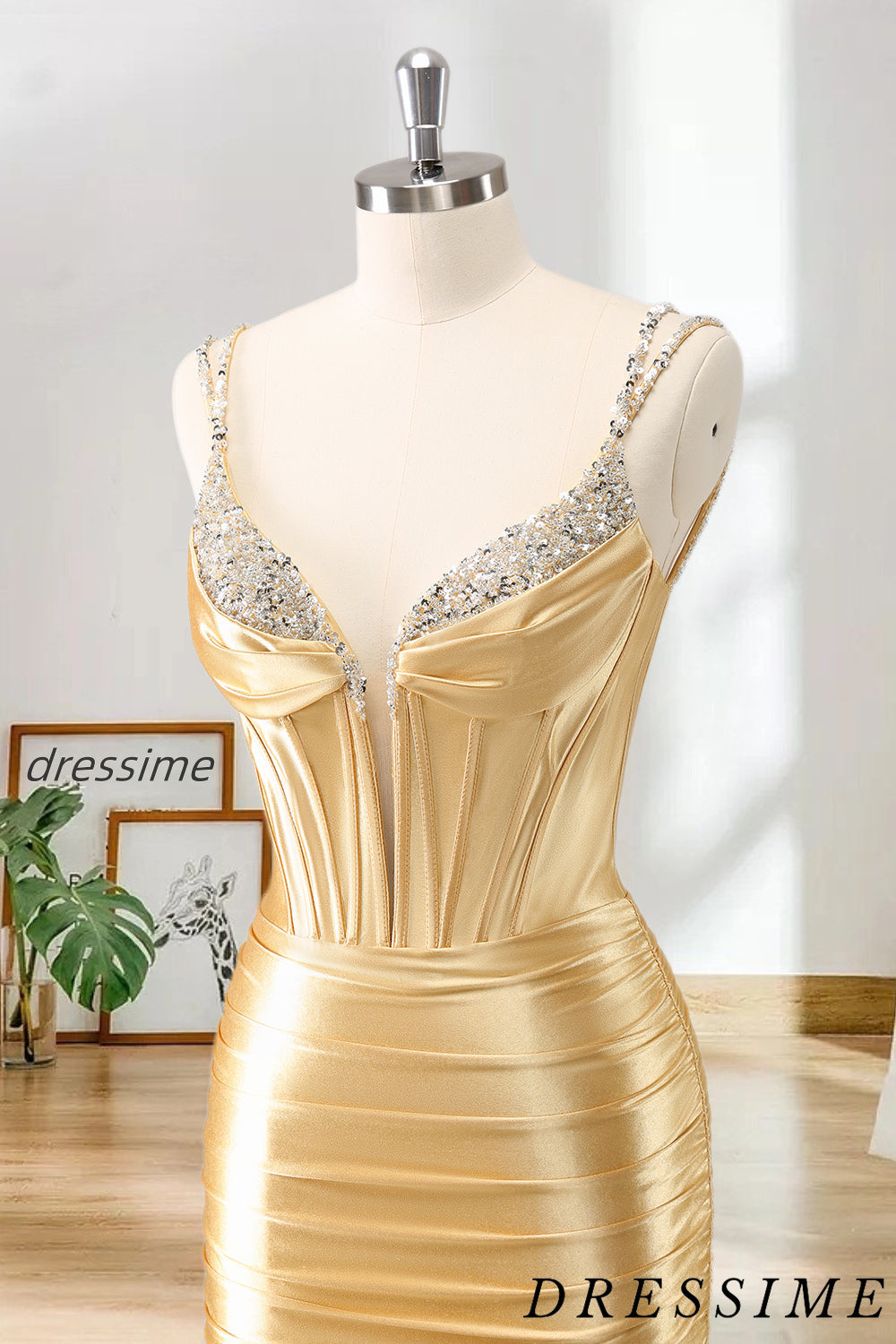 Dressime Bodycon Spaghetti Straps Metallic Satin Short/Mini Homecoming Dress With Beaded dressime