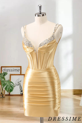 Dressime Bodycon Spaghetti Straps Metallic Satin Short/Mini Homecoming Dress With Beaded dressime