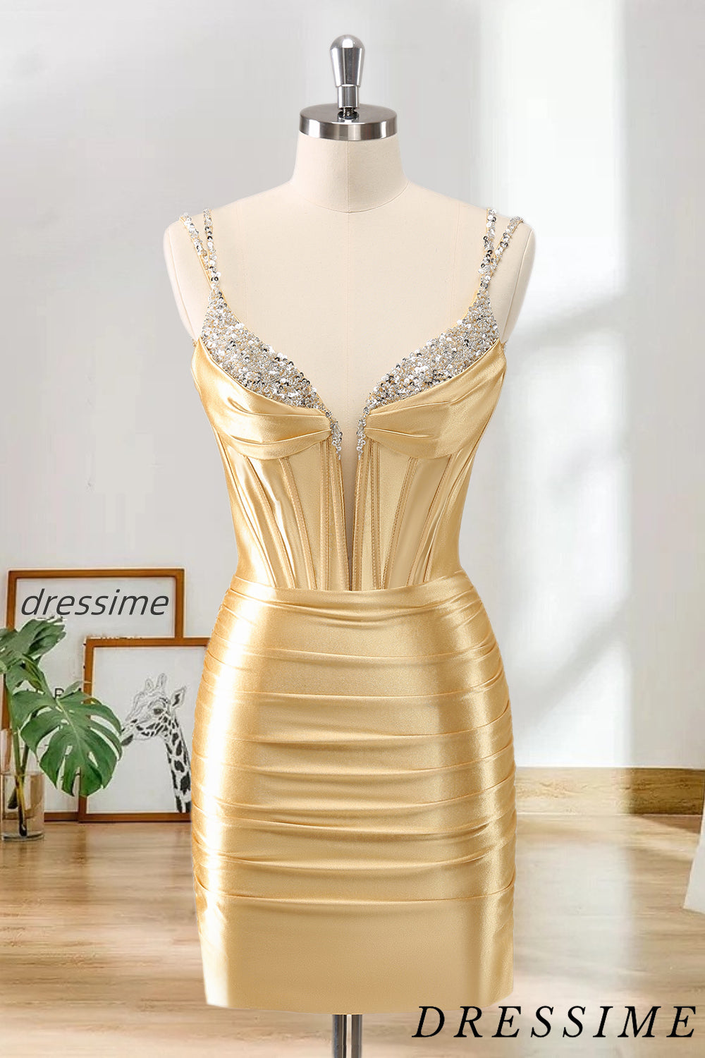 Dressime Bodycon Spaghetti Straps Metallic Satin Short/Mini Homecoming Dress With Beaded dressime