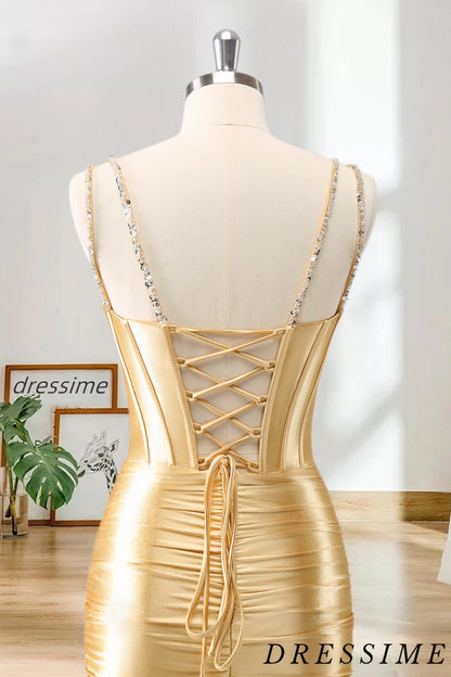 Dressime Bodycon Spaghetti Straps Metallic Satin Short/Mini Homecoming Dress With Beaded dressime