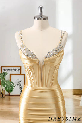 Dressime Bodycon Spaghetti Straps Metallic Satin Short/Mini Homecoming Dress With Beaded dressime