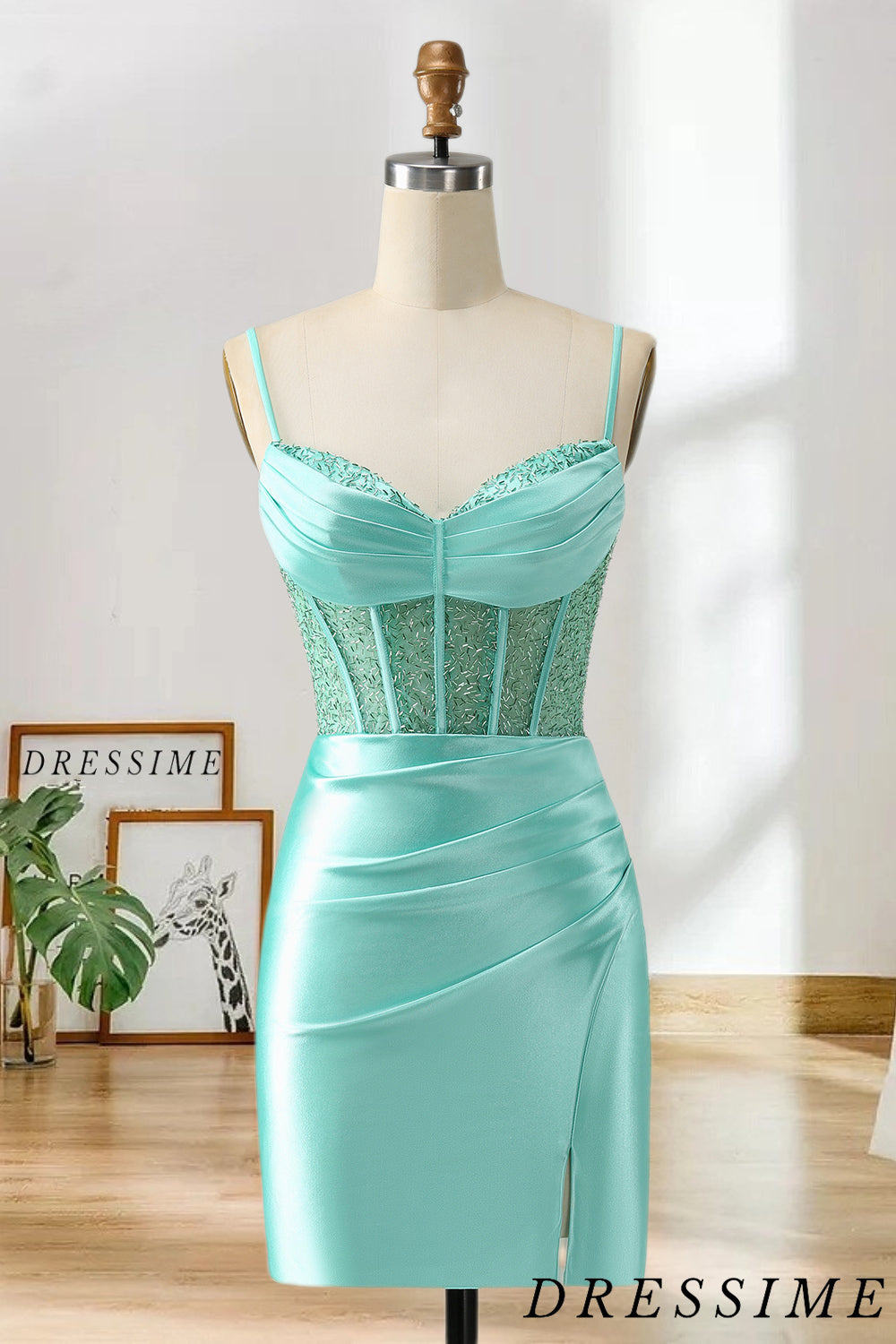 Dressime Bodycon Spaghetti Straps Satin Corset Homecoming Dress with Slit dressime