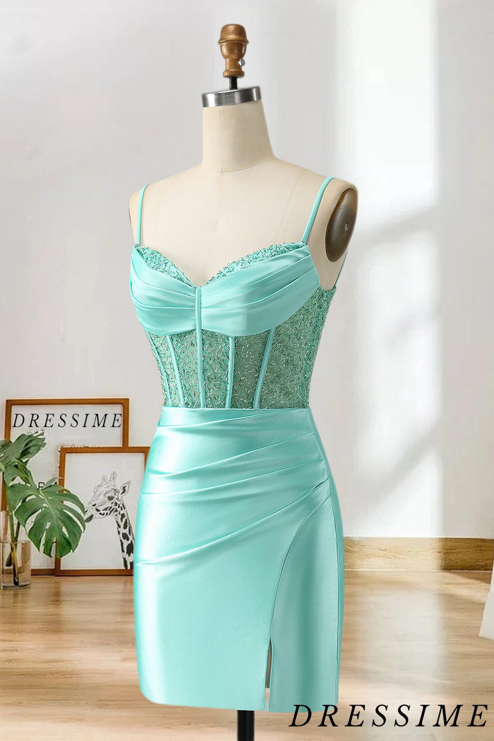 Dressime Bodycon Spaghetti Straps Satin Corset Homecoming Dress with Slit dressime