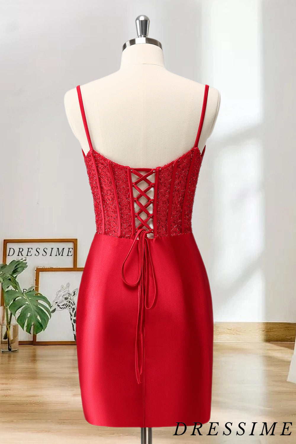 Dressime Bodycon Spaghetti Straps Satin Corset Homecoming Dress with Slit dressime