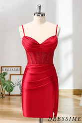 Dressime Bodycon Spaghetti Straps Satin Corset Homecoming Dress with Slit dressime