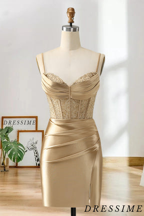 Dressime Bodycon Spaghetti Straps Satin Corset Homecoming Dress with Slit dressime