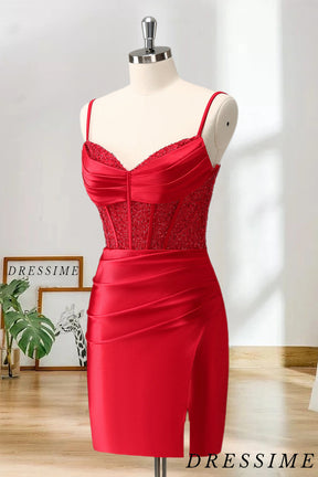 Dressime Bodycon Spaghetti Straps Satin Corset Homecoming Dress with Slit dressime