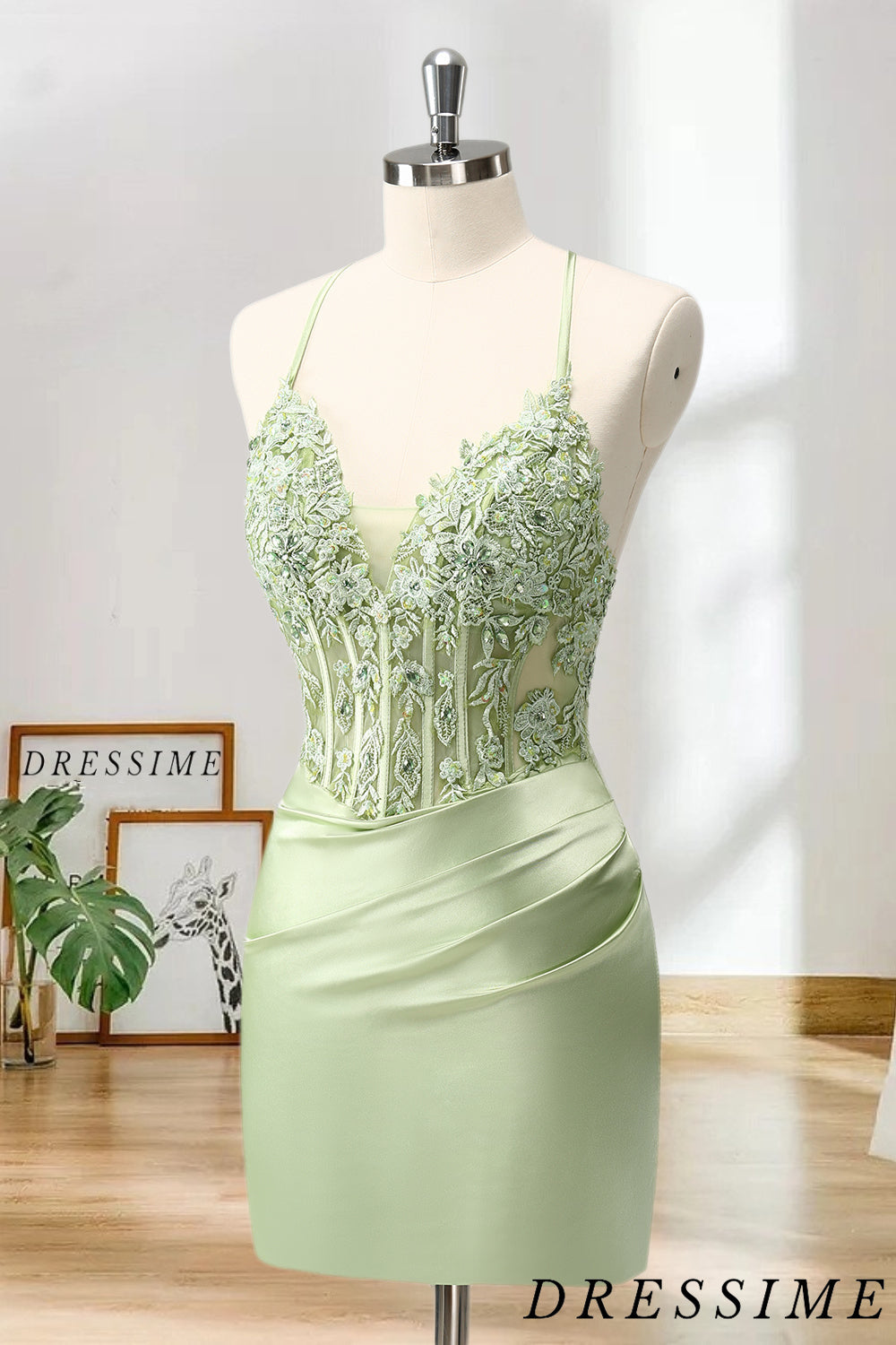 Dressime Bodycon Spaghetti Straps Satin Corset Short/Mini Homecoming Dress With Beaded Appliques dressime