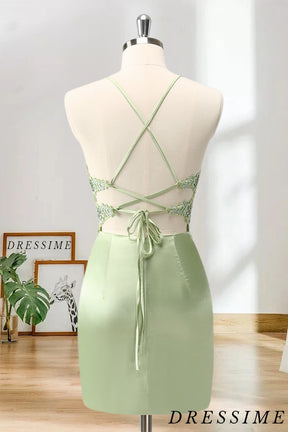 Dressime Bodycon Spaghetti Straps Satin Corset Short/Mini Homecoming Dress With Beaded Appliques dressime