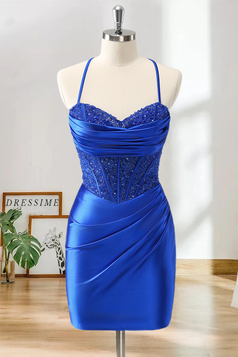 Dressime Bodycon Spaghetti Straps Satin Corset Short/Mini Homecoming Dress with Beaded dressime